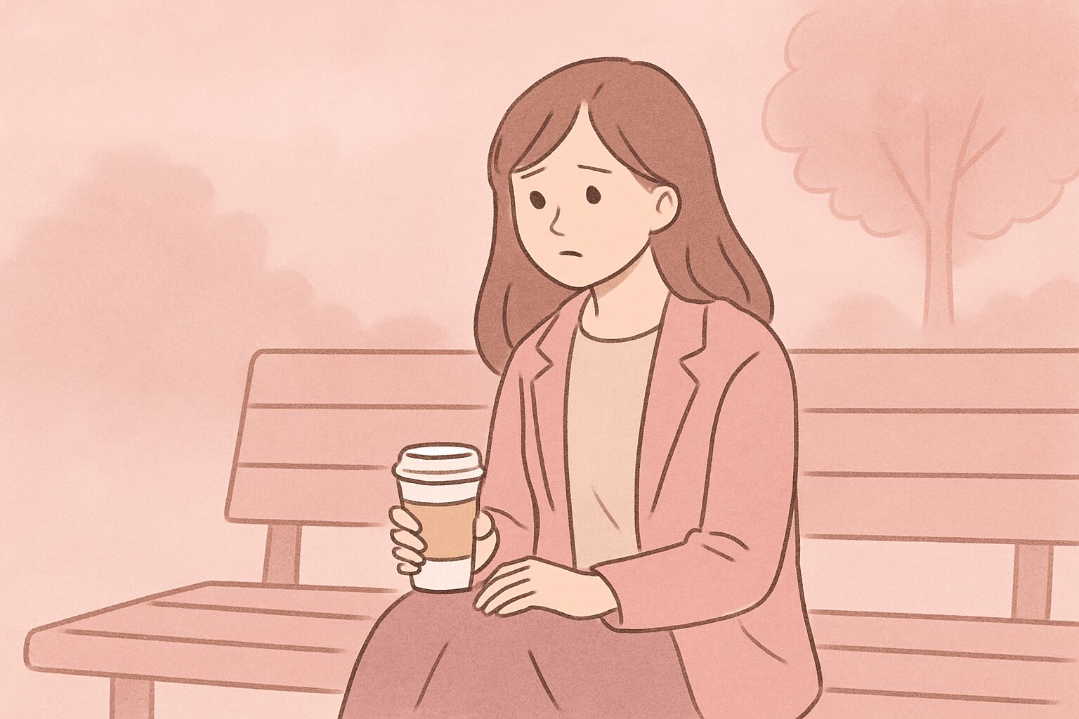 外のベンチで持ち帰りのカップ片手に考えている様子
