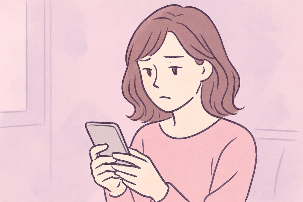 スマホを見つめてどうしようか考えている女性