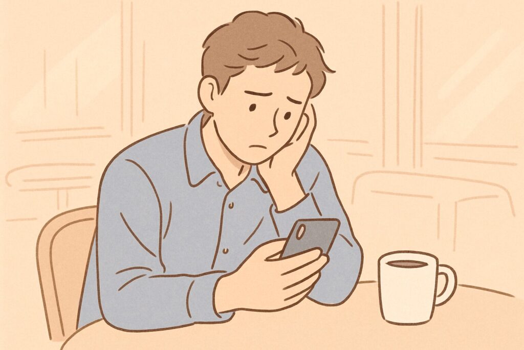 カフェでスマホを見つめる男性