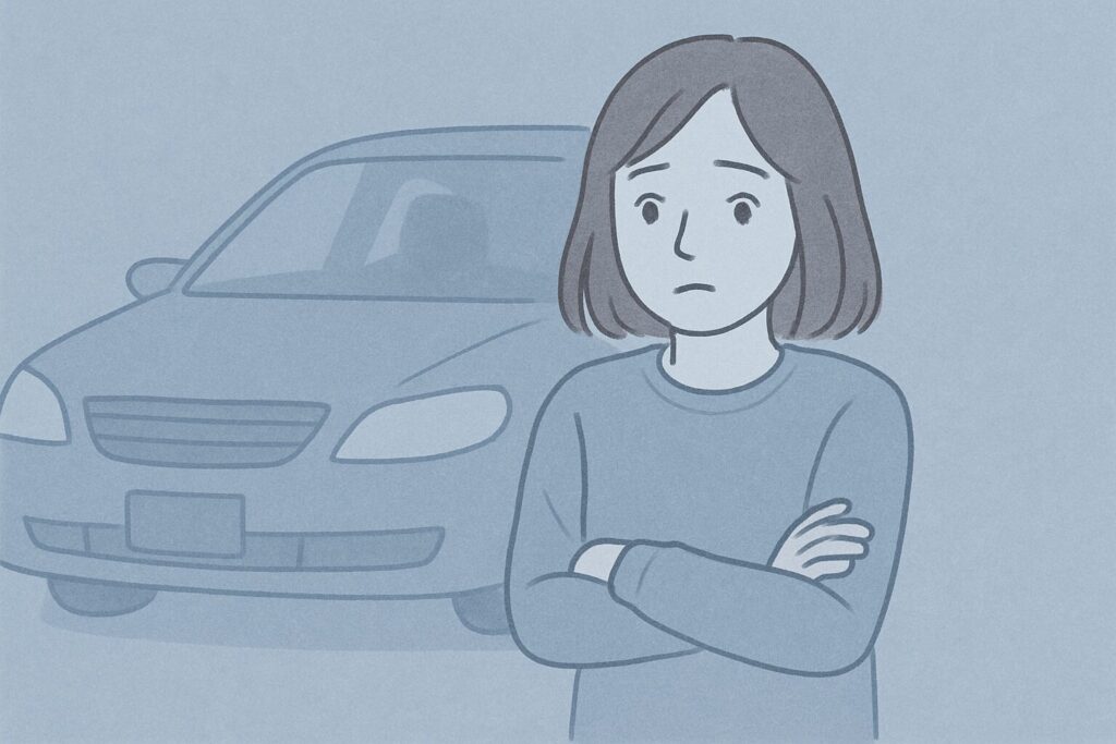 車の前で悩んでいる女性