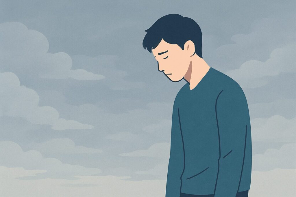 曇り空を背景にうつむく男性