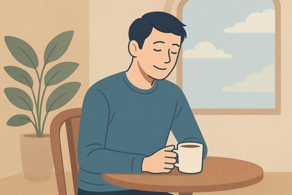 カフェでゆったりコーヒーを飲む男性